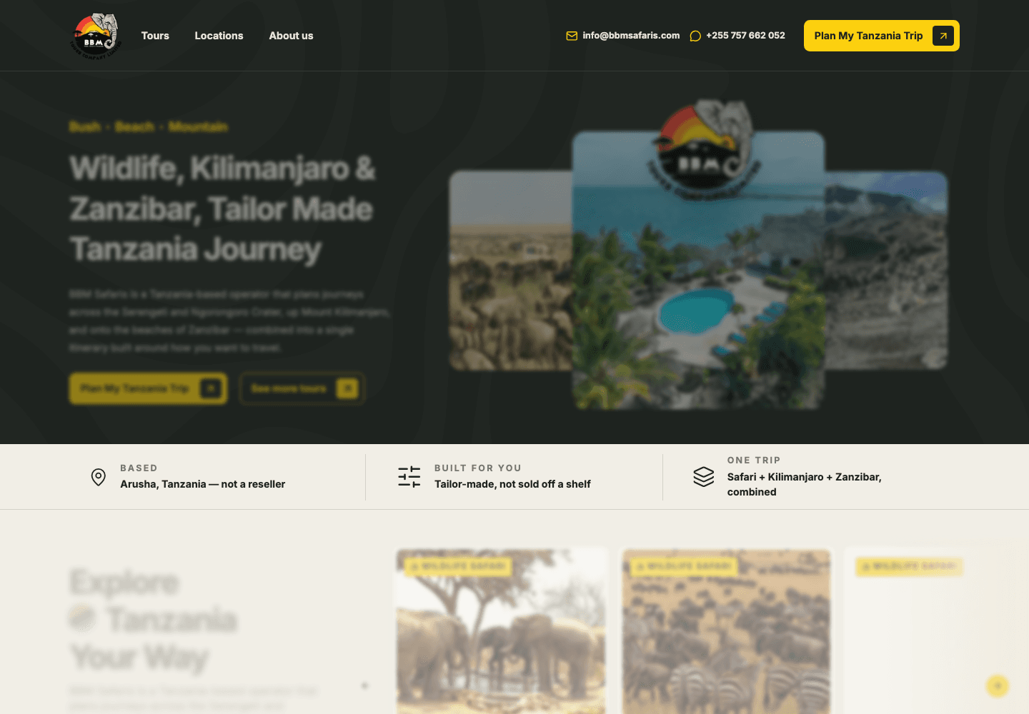 BBM Safaris website homepage