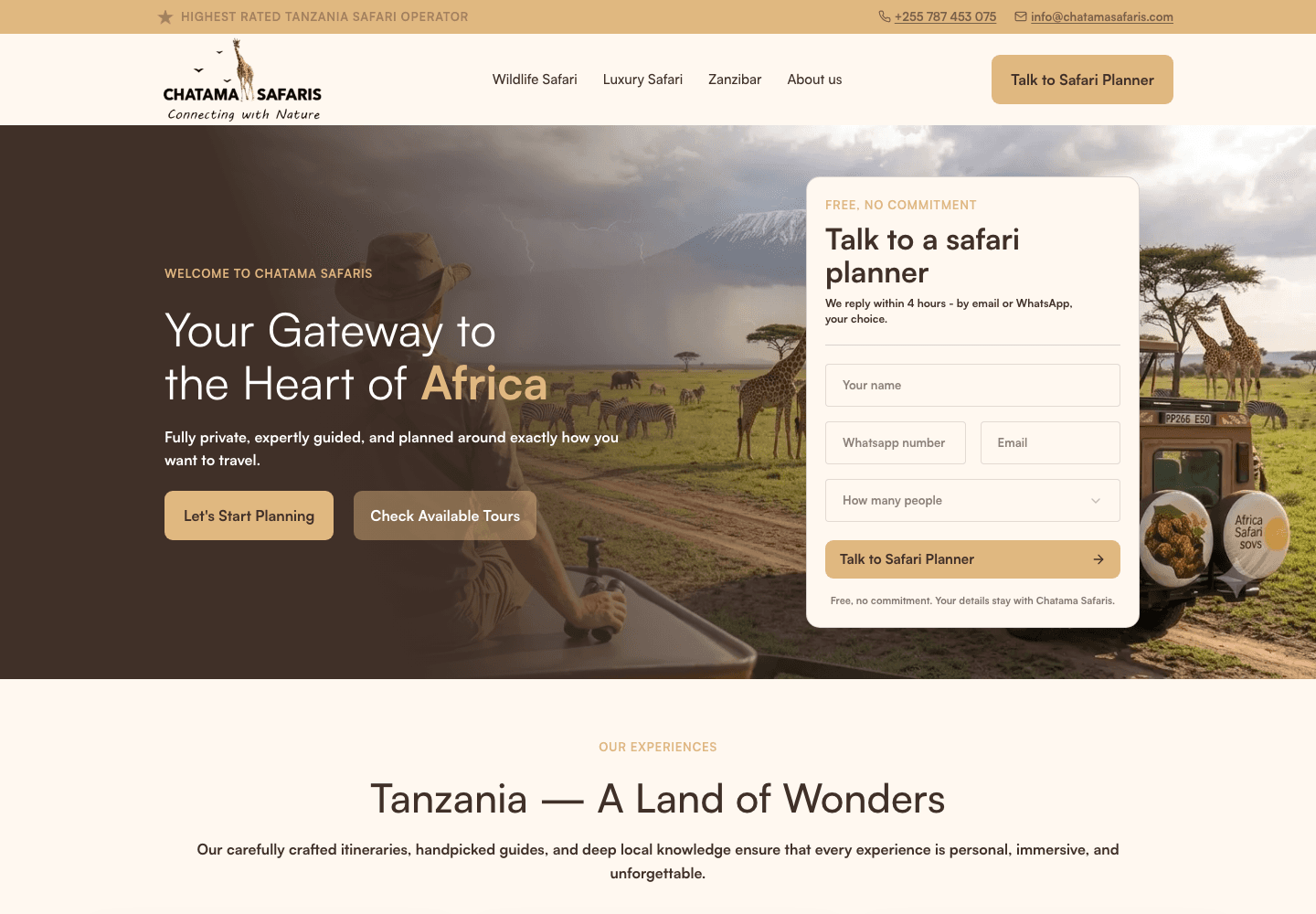 Chatama Safari website homepage