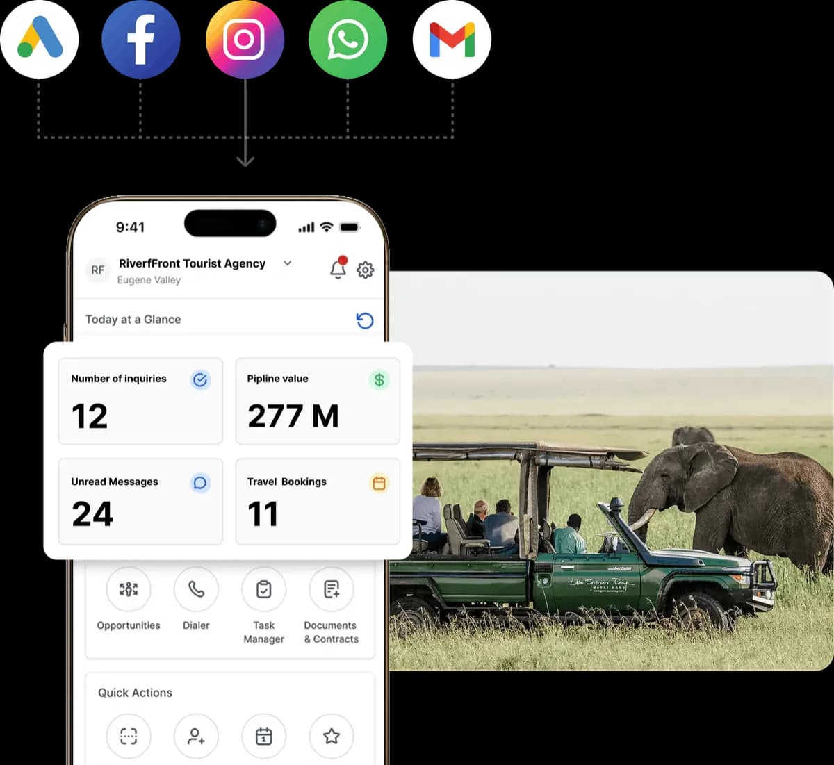 Safari operator booking dashboard with Google Ads, Facebook, Instagram, WhatsApp and Gmail channels