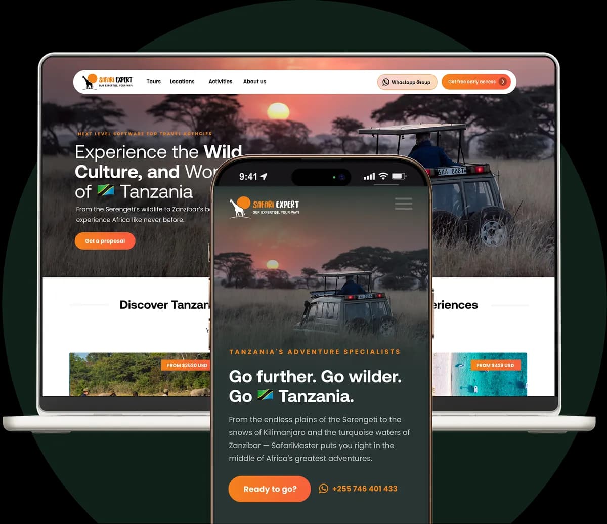 Responsive Safari Expert tour operator website shown on a laptop and mobile phone