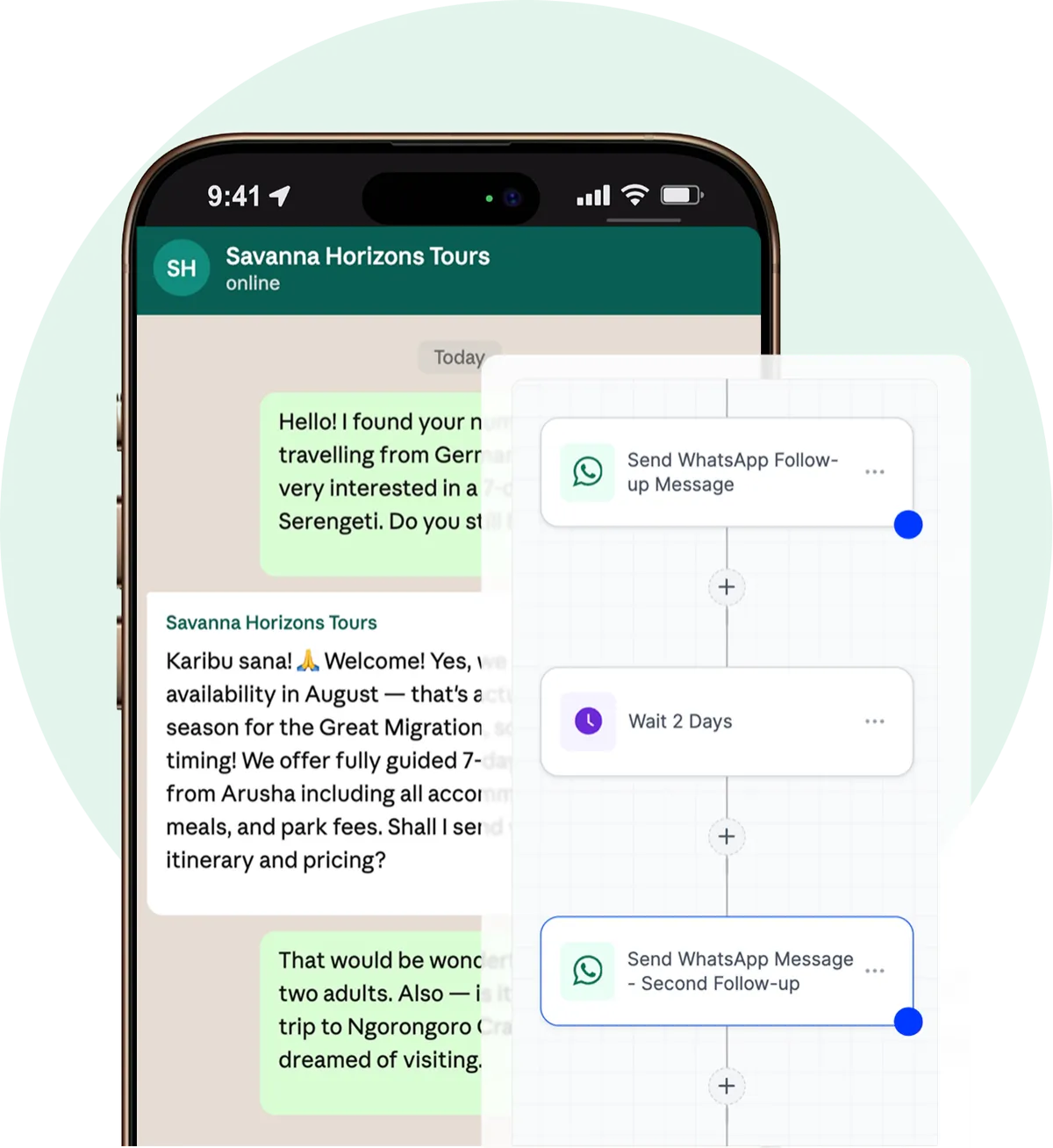 WhatsApp follow-up automation for a Tanzania safari inquiry